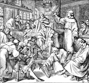La dispute de Leipzig en 1519 avec Johannes van Eck, Martin Luther et Philipp Melanchton
