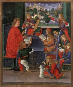 Maximilian Sforza assiste à une leçon de son maître le comte Gian Antonio Secco de Borella Ms 2167 f.13v , from ’Donatus Grammatica’ Bibliothèque Trivulziana Milan 