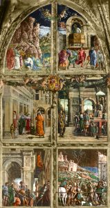 Andrea Mantegna Chapelle Ovetari Reconstitution numérique des fresques de la légende de Saint Jacques Eglise des Eremitani Padoue Source image Wikipédia galileopark.it supprimée du site Progetto Mantegna.it Les quatre scènes du bas sont de Mantegna. Les deux du haut sont attribuées à Niccolo Pizzolo