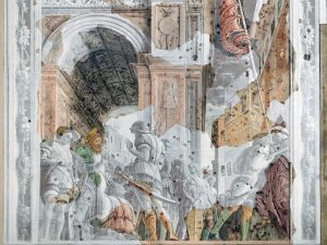 Andrea Mantegna Chapelle Ovetari Eglise des Eremitani Etat actuel de la reconstitution de la fresque de Saint Jacques marchant au supplice (scène 5) Image resengineering.it